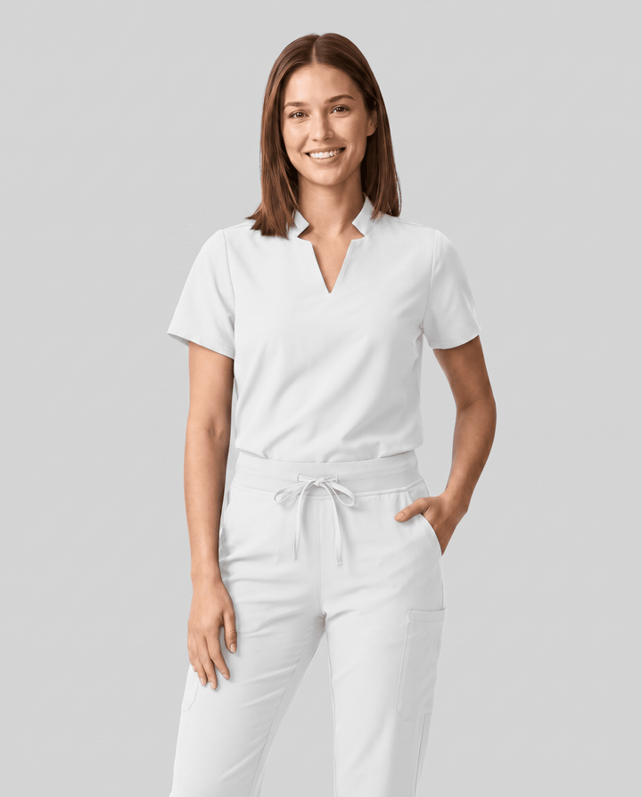 Women's Stand Collar Notch Neck Top White