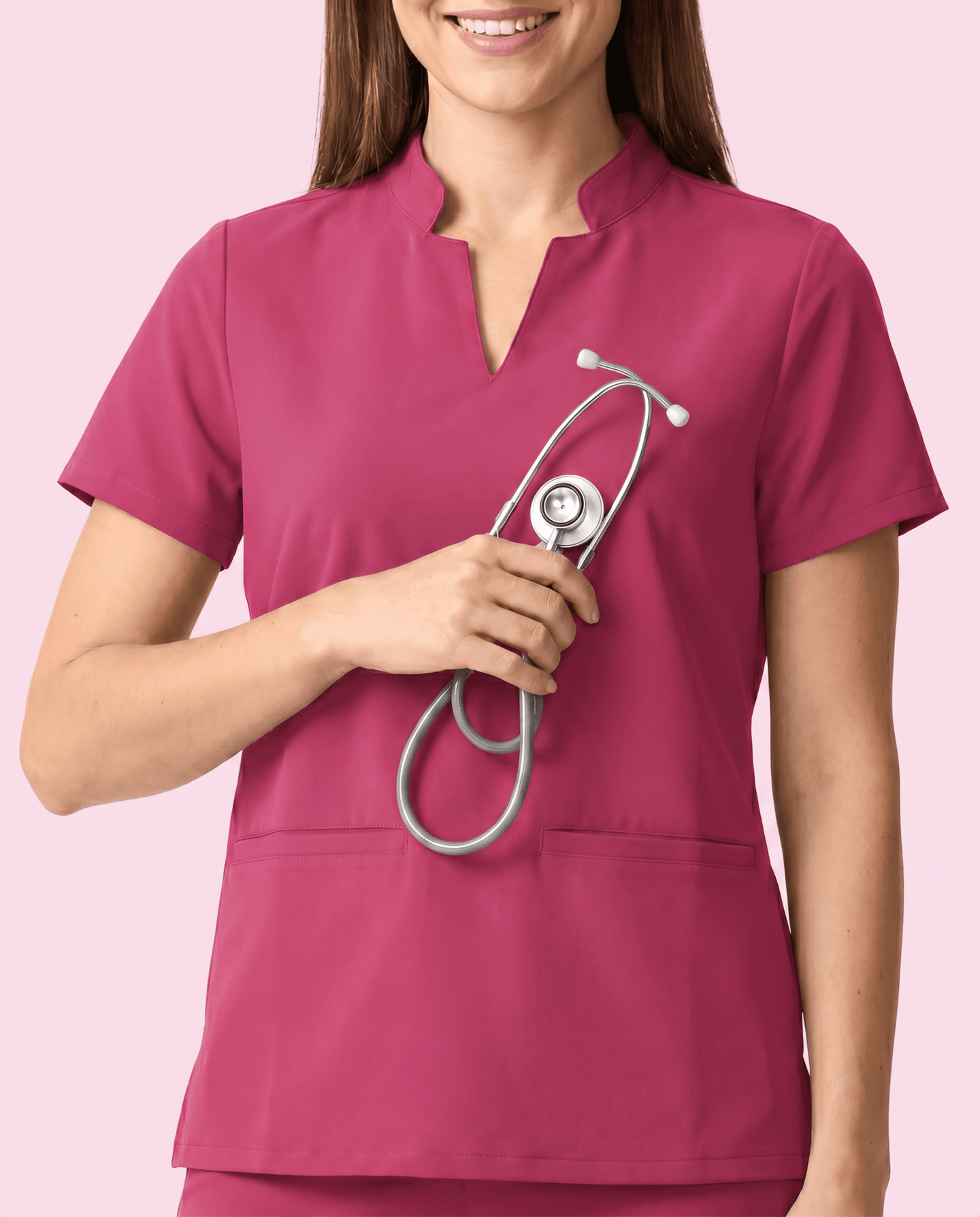 Women's Stand Collar Notch Neck Top Wild Berry - Scrubloop
