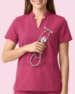 Women's Stand Collar Notch Neck Top Wild Berry - Scrubloop