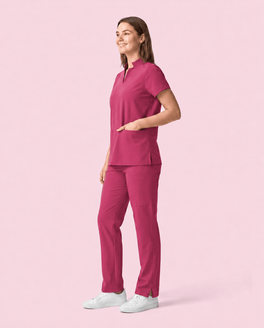 Women's Stand Collar Notch Neck Top Wild Berry - Scrubloop