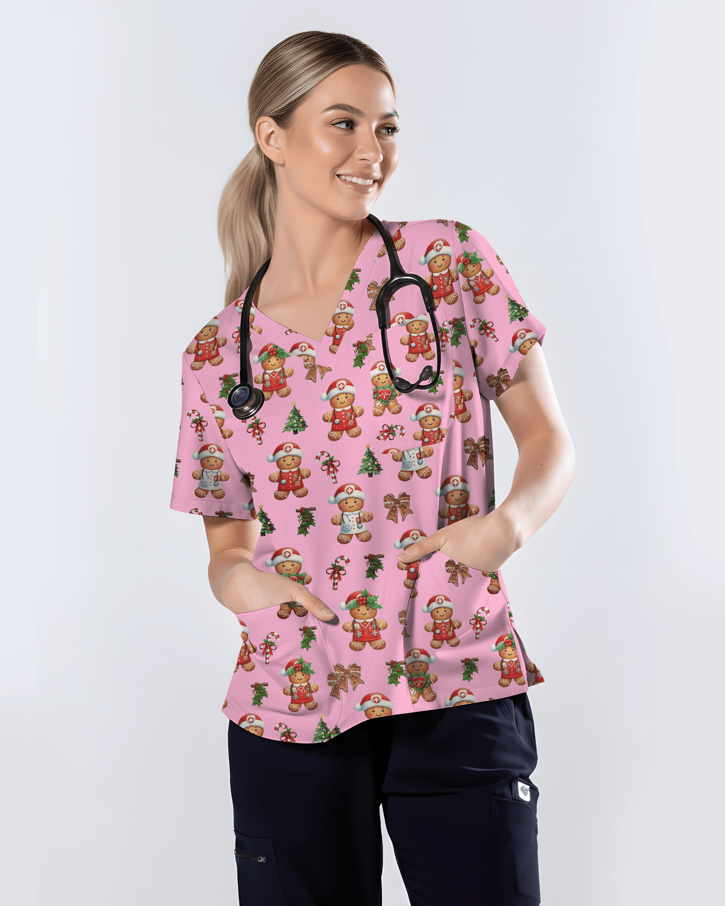 Xmas Gingerbread Nurse Holiday Nursing Scrub Top - Scrubloop