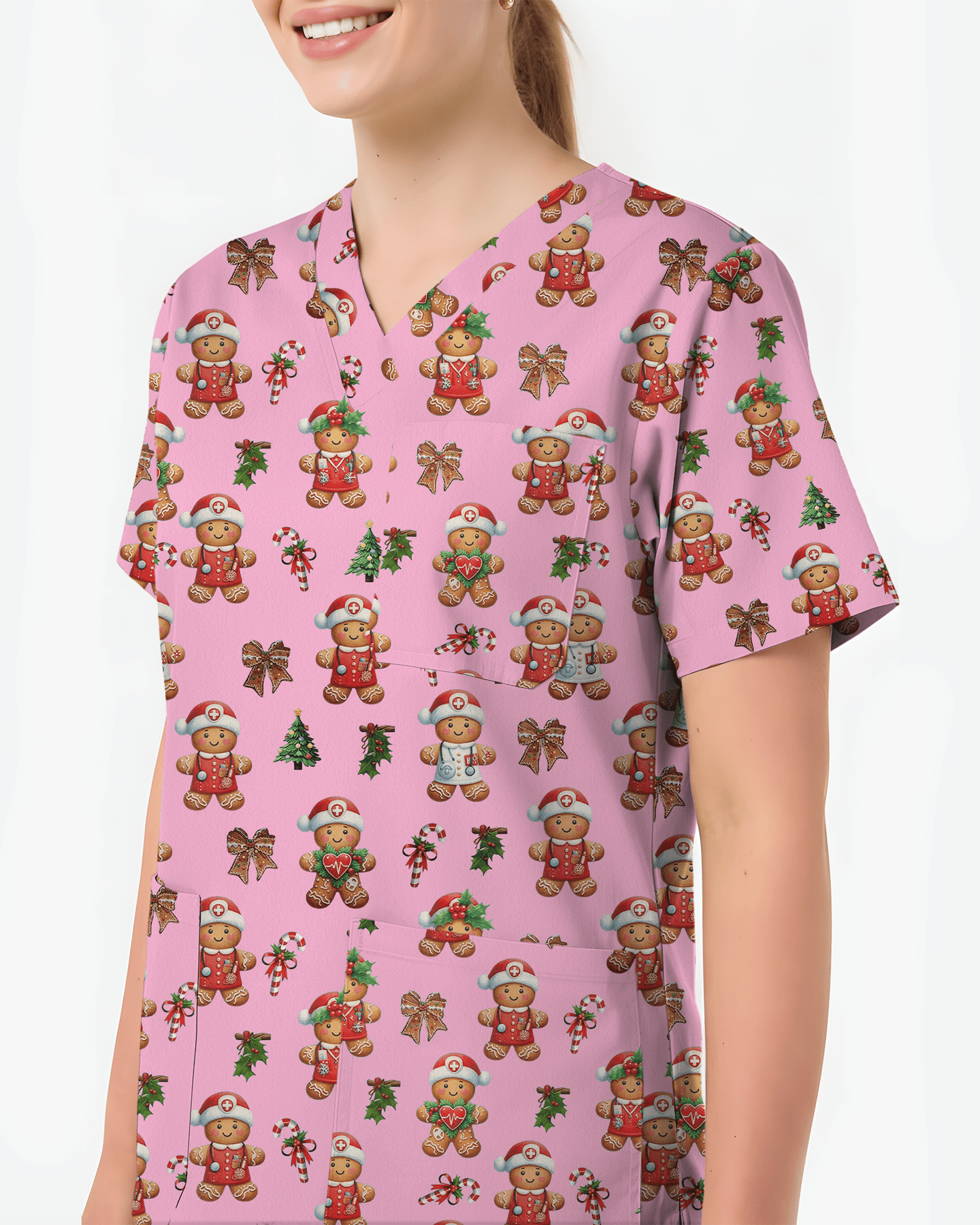 Xmas Gingerbread Nurse Holiday Nursing Scrub Top - Scrubloop