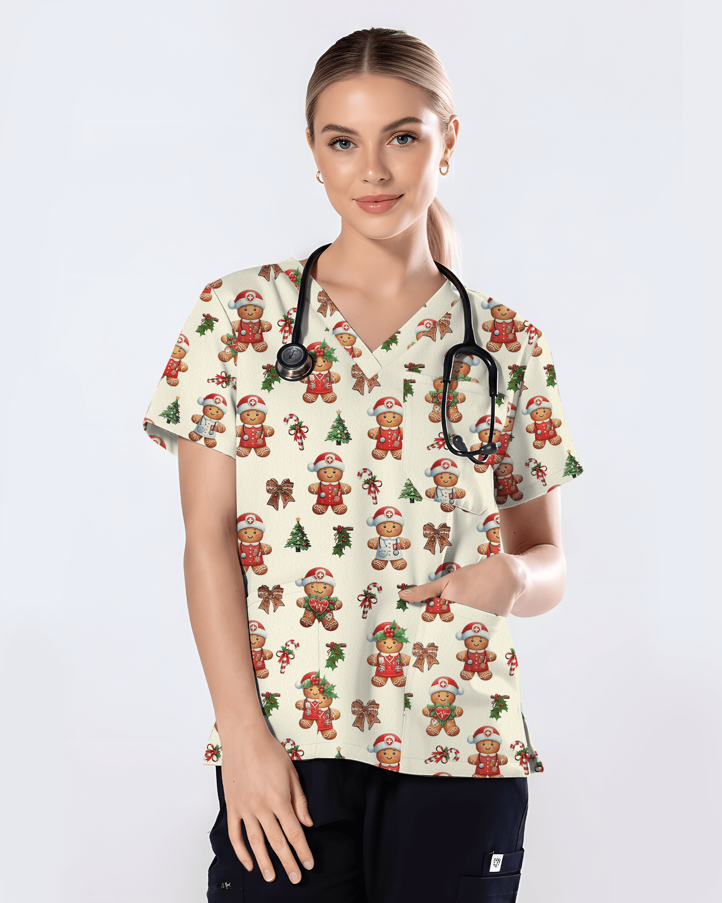 Xmas Gingerbread Nurse Holiday Nursing Scrub Top - Scrubloop