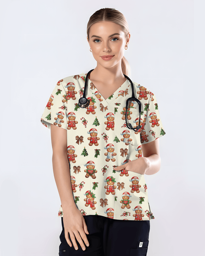 Xmas Gingerbread Nurse Holiday Nursing Scrub Top