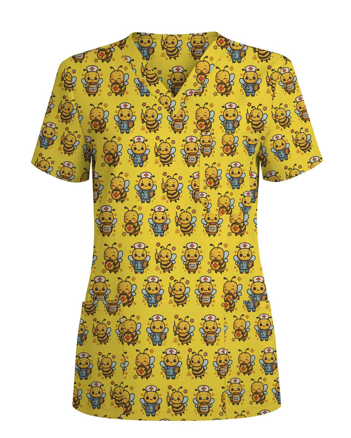 Yellow Cute Honey Bee Nurse Medical Scrub Top